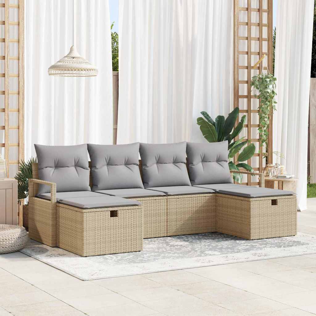 Sofa Set mit Kissen 6 pcs Schwarz und Creme Poly-Rattan