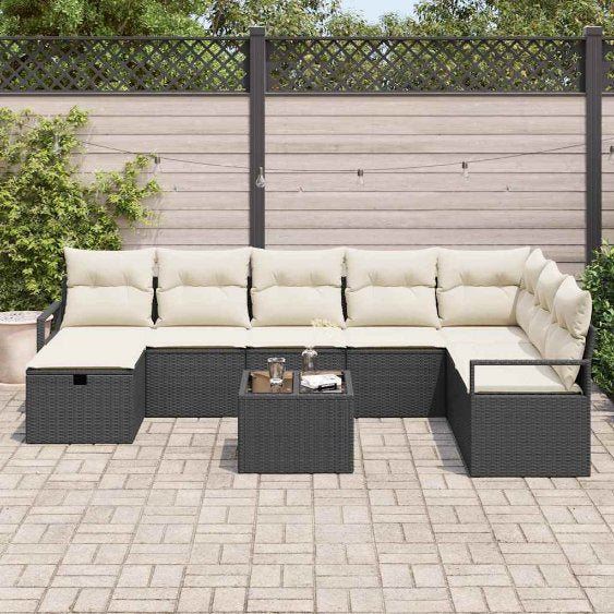Sofa Set mit Kissen 8 pcs Schwarz und Creme Poly-Rattan