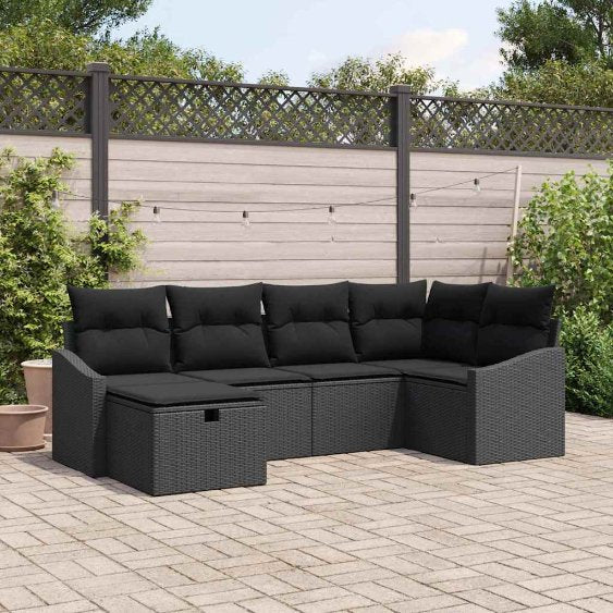 Sofa Set mit Kissen 6 pcs Schwarz und Creme Poly-Rattan