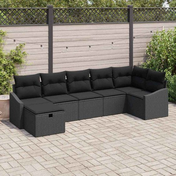 Sofa Set mit Kissen mit Speicher 7 pcs Schwarz Poly-Rattan
