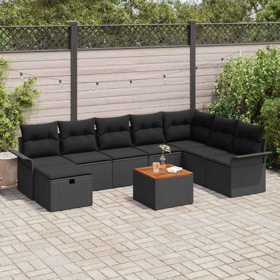 Garten-Sofa-Set mit Kissen 9 pcs Schwarz Poly Rattan