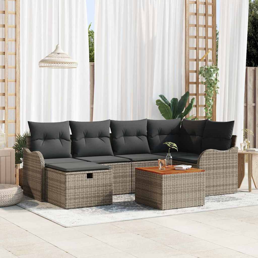 Garten-Sofa-Set mit Kissen 7 pcs Schwarz Poly Rattan