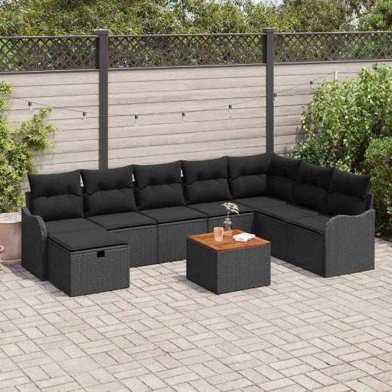 Garten-Sofa-Set mit Kissen 9 pcs Schwarz Poly Rattan