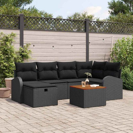 Garten-Sofa-Set mit Kissen 7 pcs Schwarz Poly Rattan