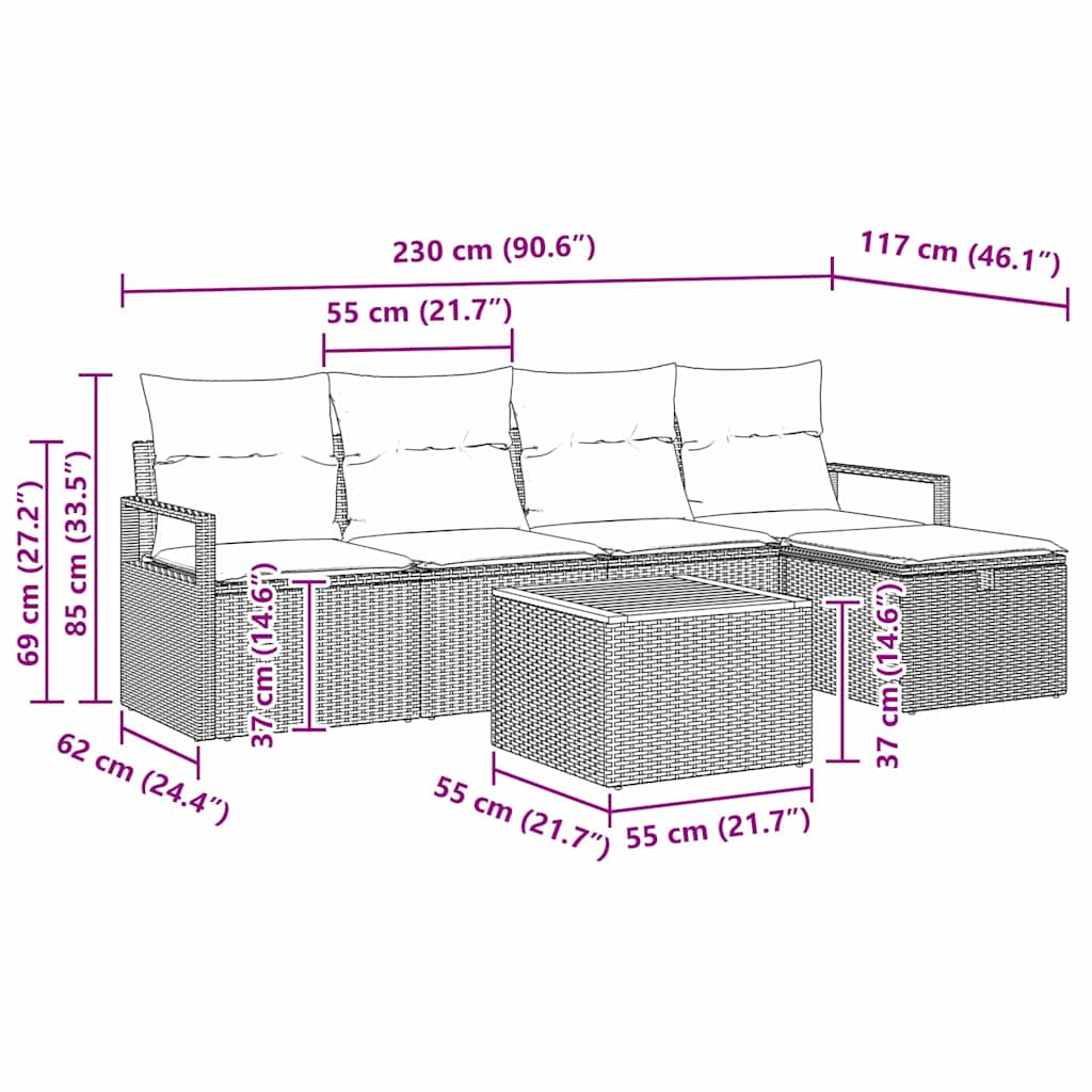 Garten-Sofa-Set mit Kissen 6 pcs Schwarz Poly Rattan