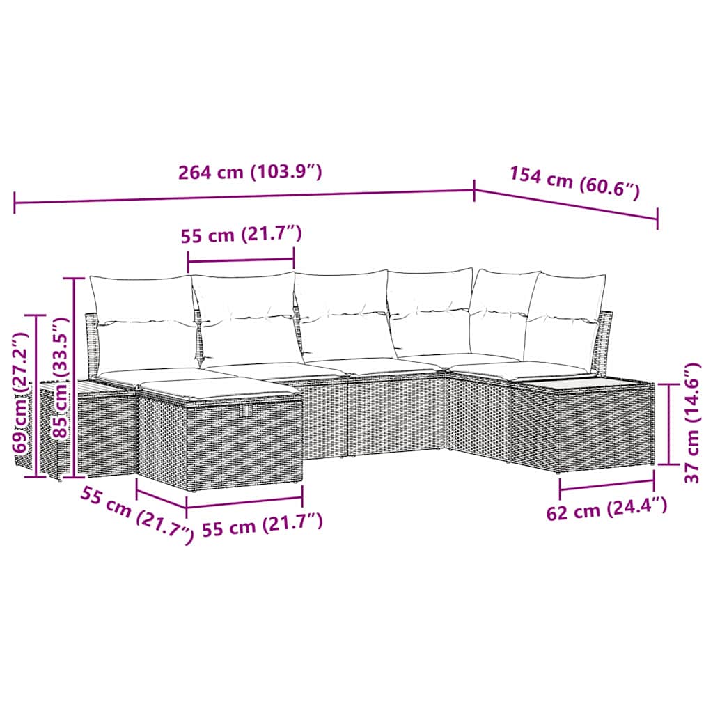 Gartensofa-set mit Kissen 6 pcs Schwarz Poly-Rattan