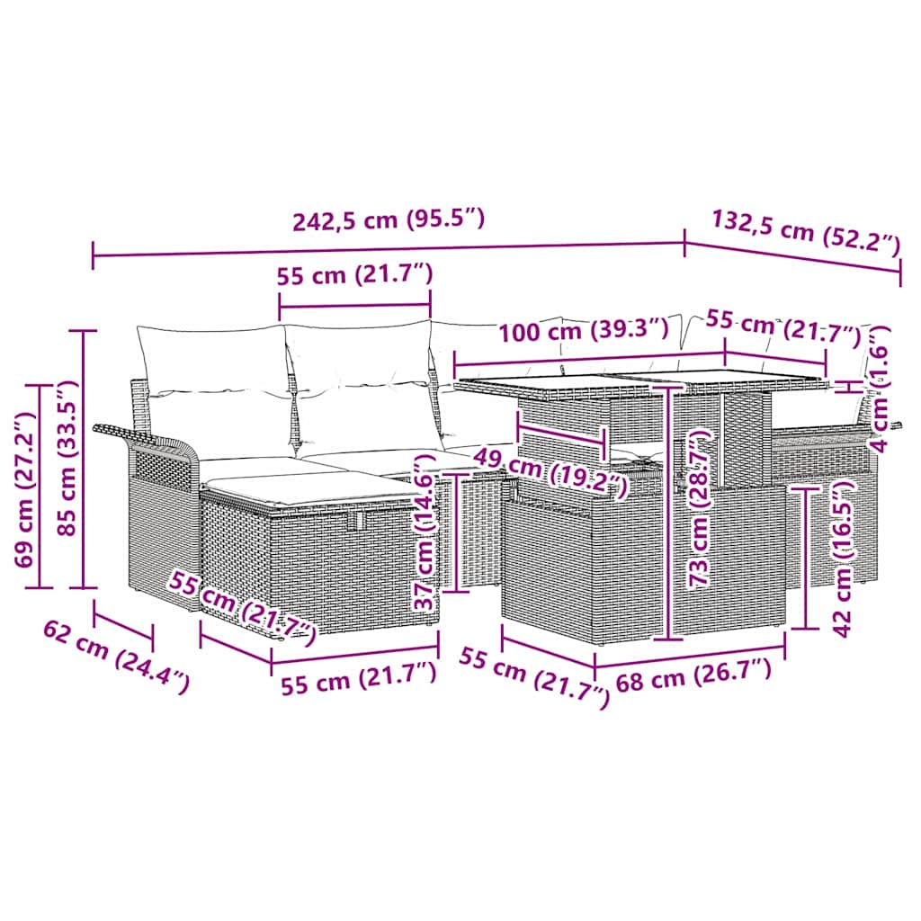 Gartensofa-set mit Kissen 7 pcs Schwarz Poly-Rattan