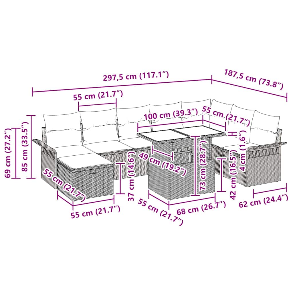 Garten-Sofa-Set mit Kissen 9 pcs Schwarz Poly Rattan