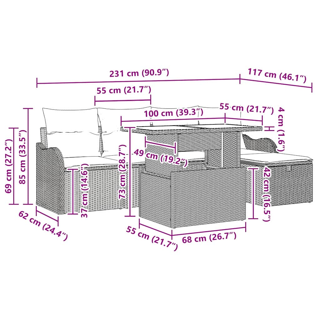 Garten-Sofa-Set mit Kissen 6 pcs Schwarz Poly Rattan