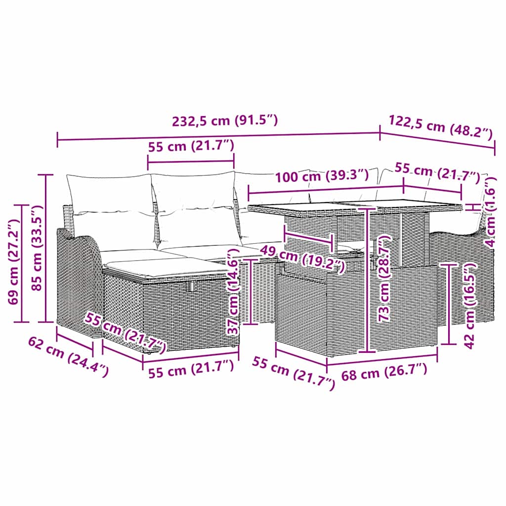 Garten-Sofa-Set mit Kissen 7 pcs Schwarz Poly Rattan