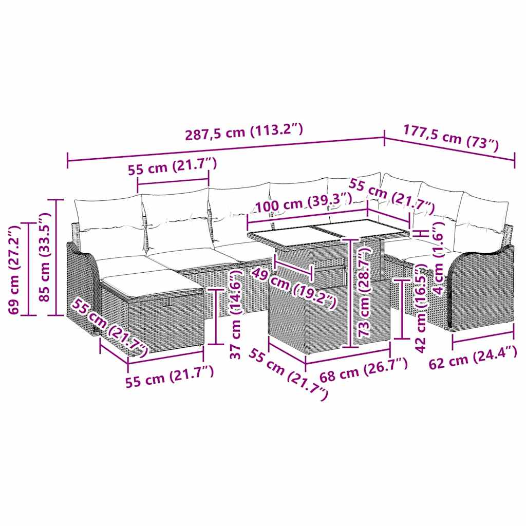 Garten-Sofa-Set mit Kissen 9 pcs Schwarz Poly Rattan