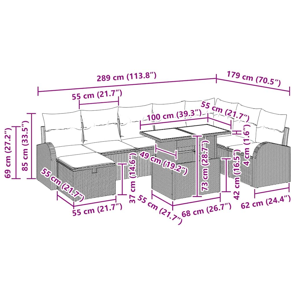 Garten-Sofa-Set mit Kissen 9 pcs Schwarz Poly Rattan