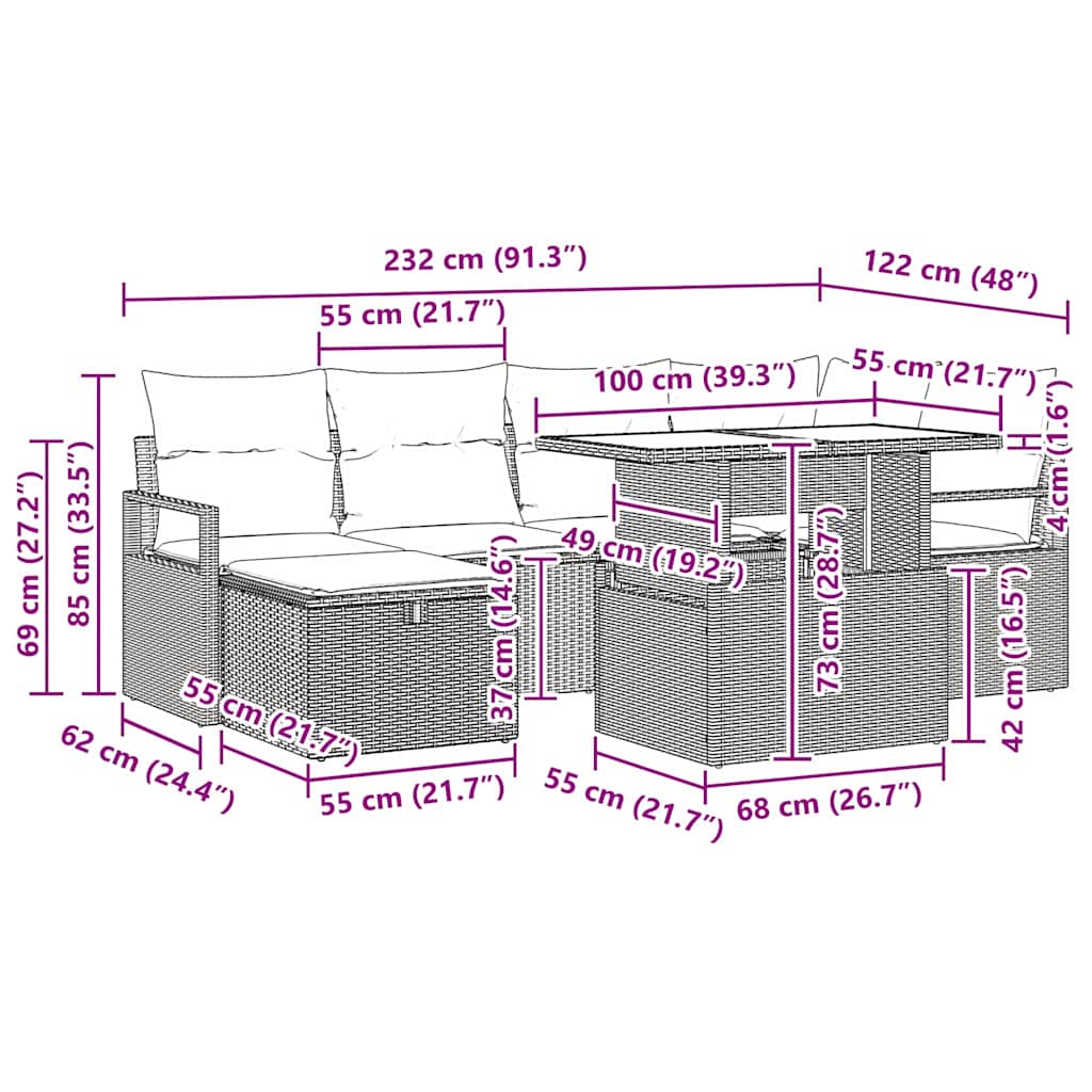 Garten-Sofa-Set mit Kissen 7 pcs Schwarz Poly Rattan