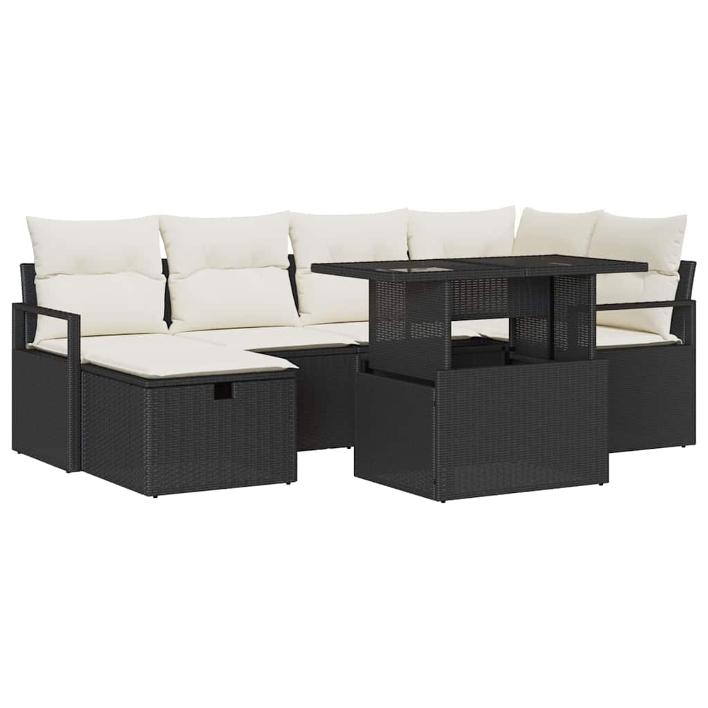 Garten-Sofa-Set mit Kissen 7 pcs Schwarz Poly Rattan