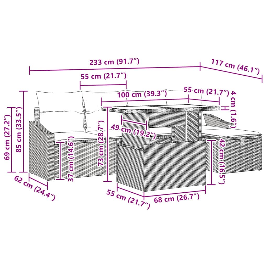 Garten-Sofa-Set mit Kissen 6 pcs Schwarz Poly Rattan