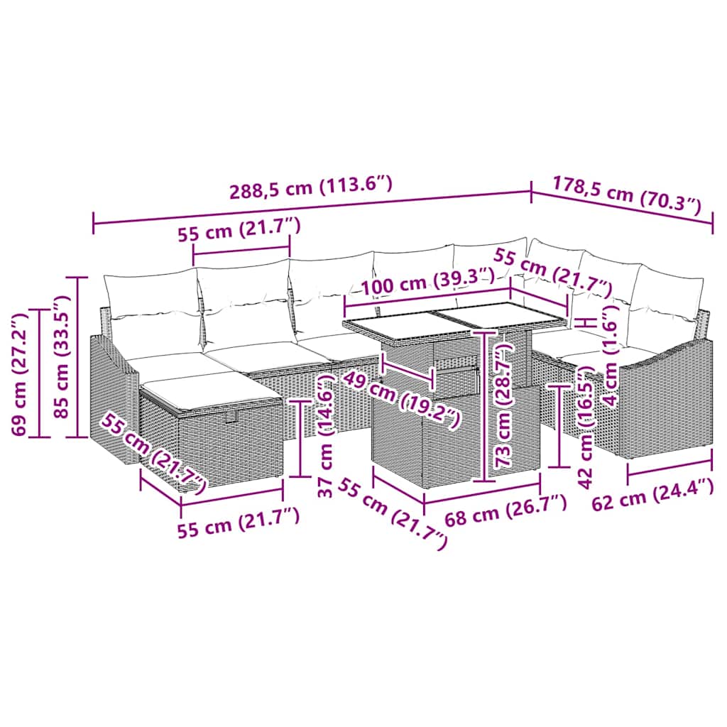 Garten-Sofa-Set mit Kissen 9 pcs Schwarz Poly Rattan