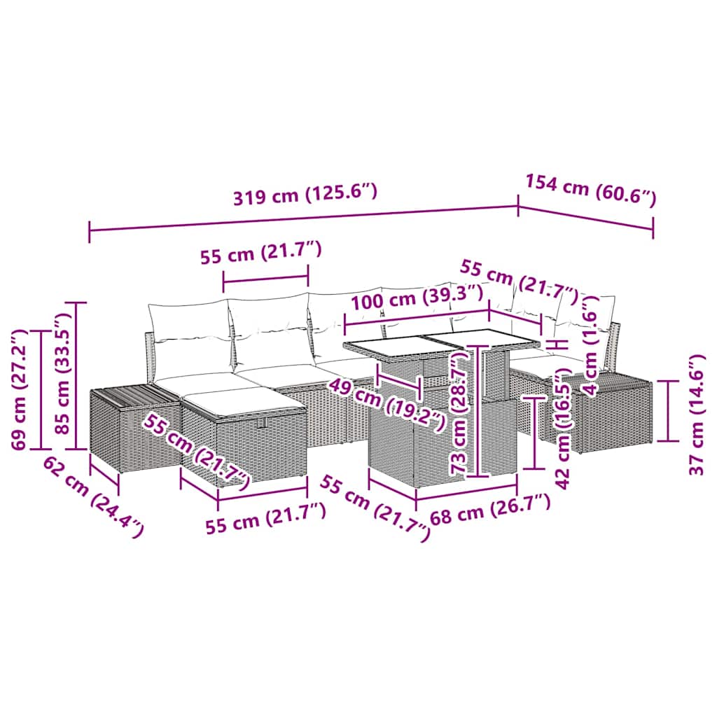 Garten-Sofa-Set mit Kissen 8 pcs Schwarz Poly Rattan