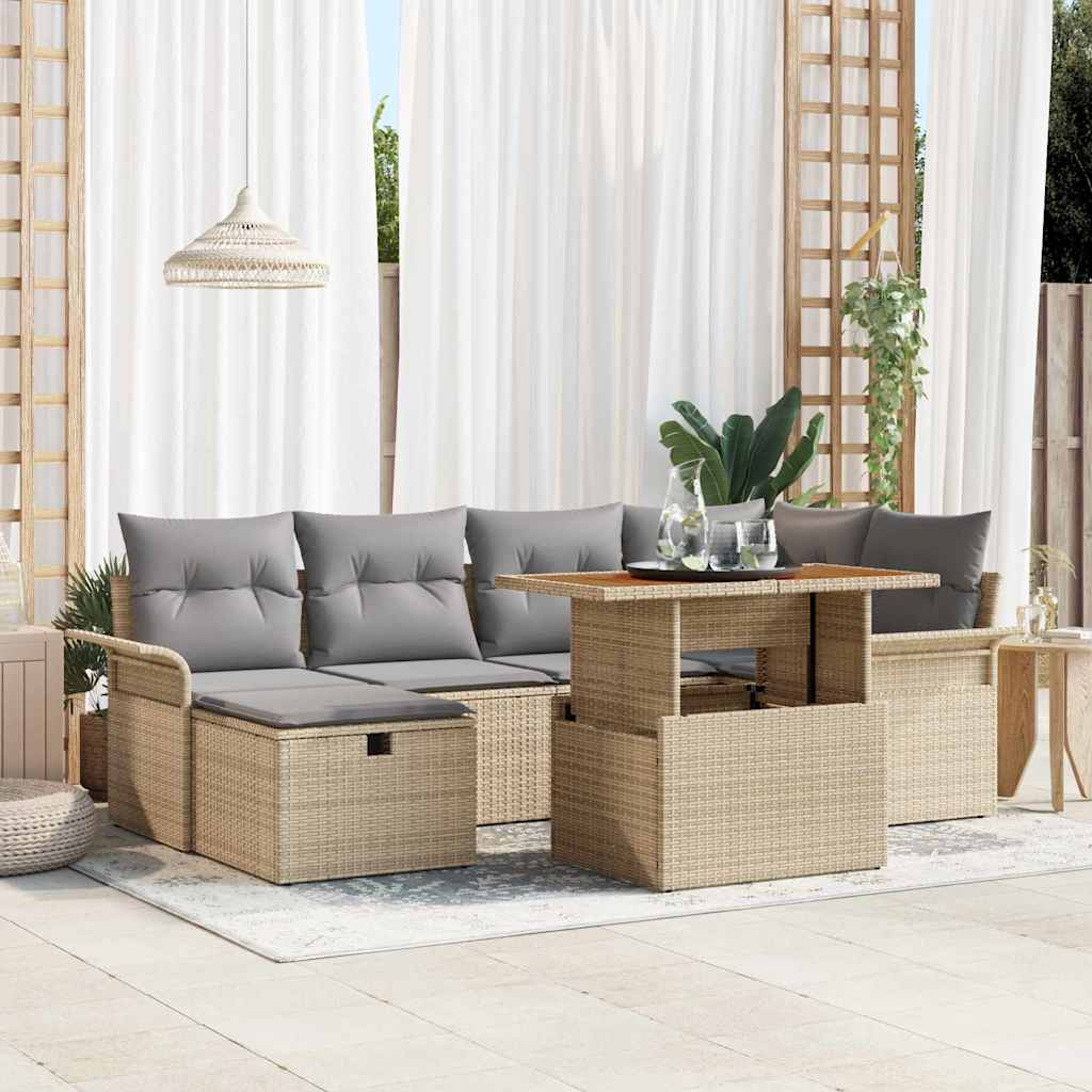 Garten-Sofa-Set mit Kissen 7 pcs Schwarz Poly Rattan