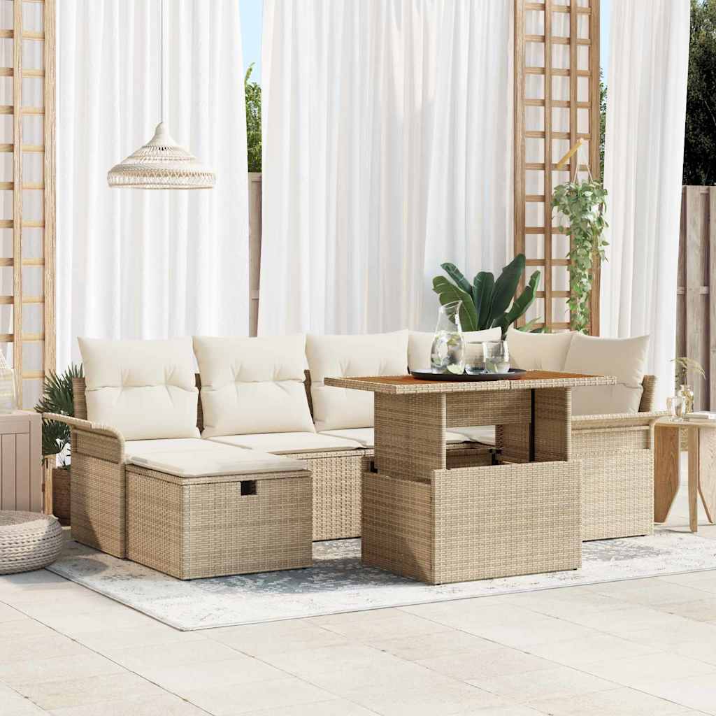 Garten-Sofa-Set mit Kissen 7 pcs Schwarz Poly Rattan