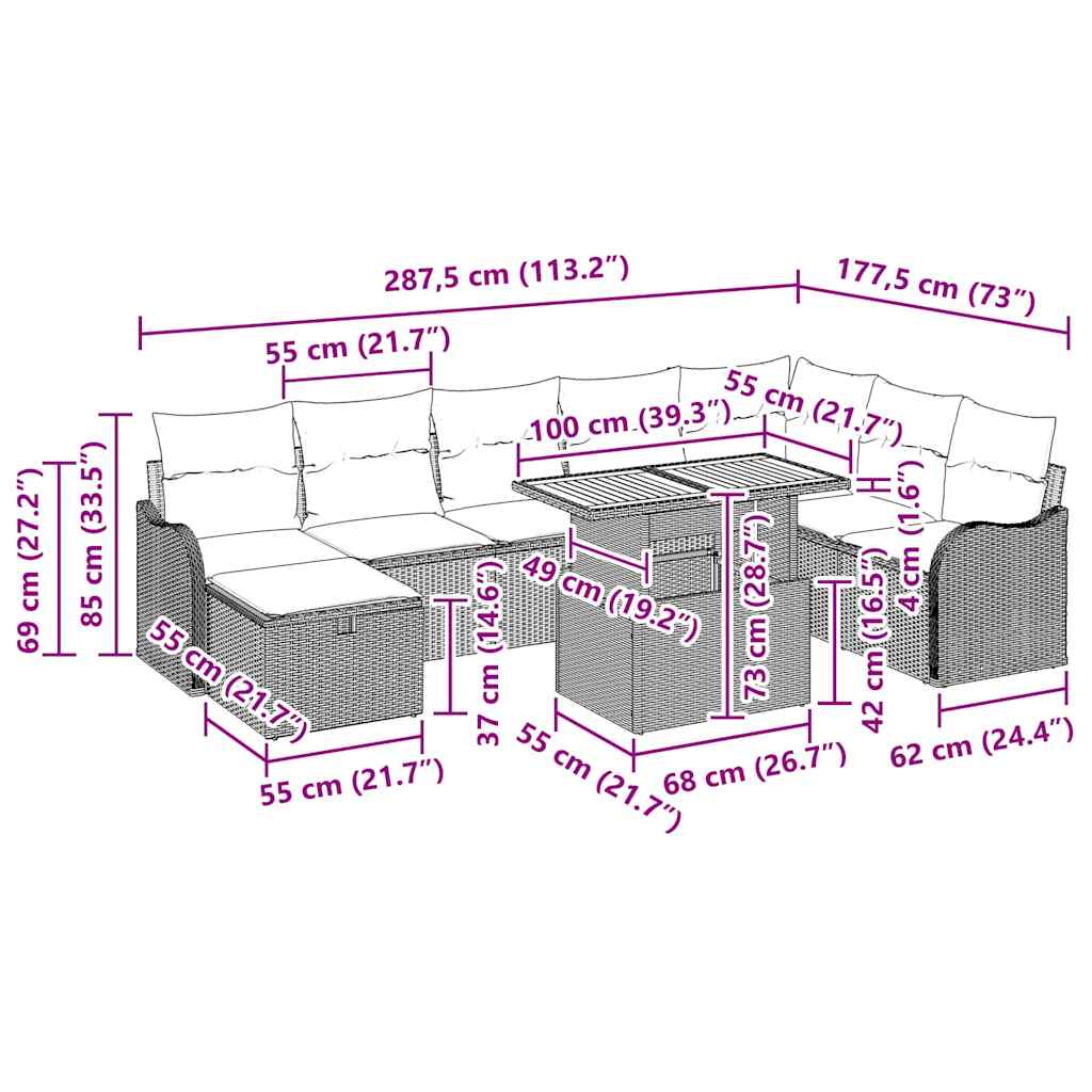 Garten-Sofa-Set mit Kissen 9 pcs Schwarz Poly Rattan