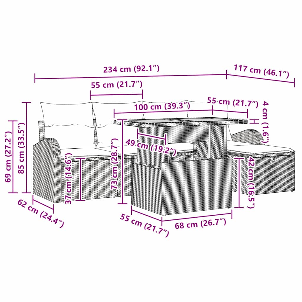 Garten-Sofa-Set mit Kissen 6 pcs Schwarz Poly Rattan