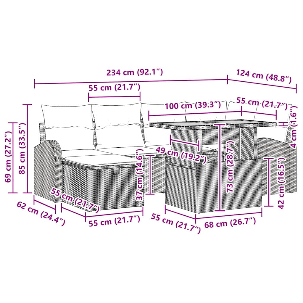 Gartensofa-set mit Kissen 7 pcs Schwarz Poly-Rattan
