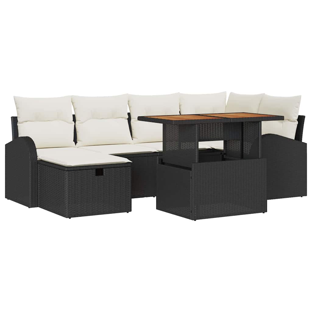 Gartensofa-set mit Kissen 7 pcs Schwarz Poly-Rattan
