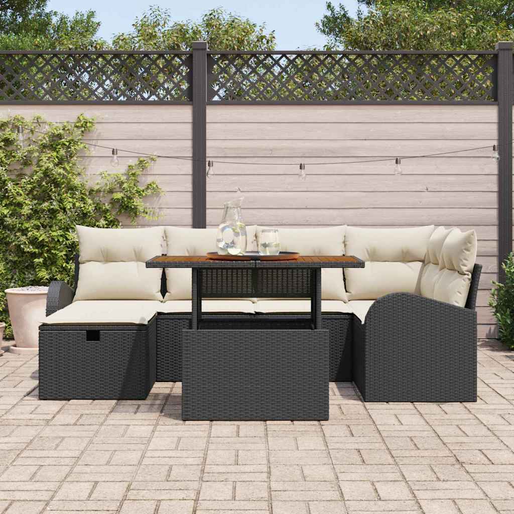 Gartensofa-set mit Kissen 7 pcs Schwarz Poly-Rattan