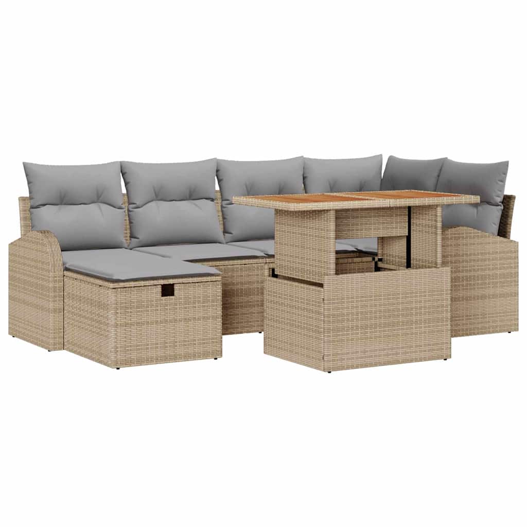 Garten-Sofa-Set mit Kissen mit Speicher 7 pcs Beige Poly Rattan