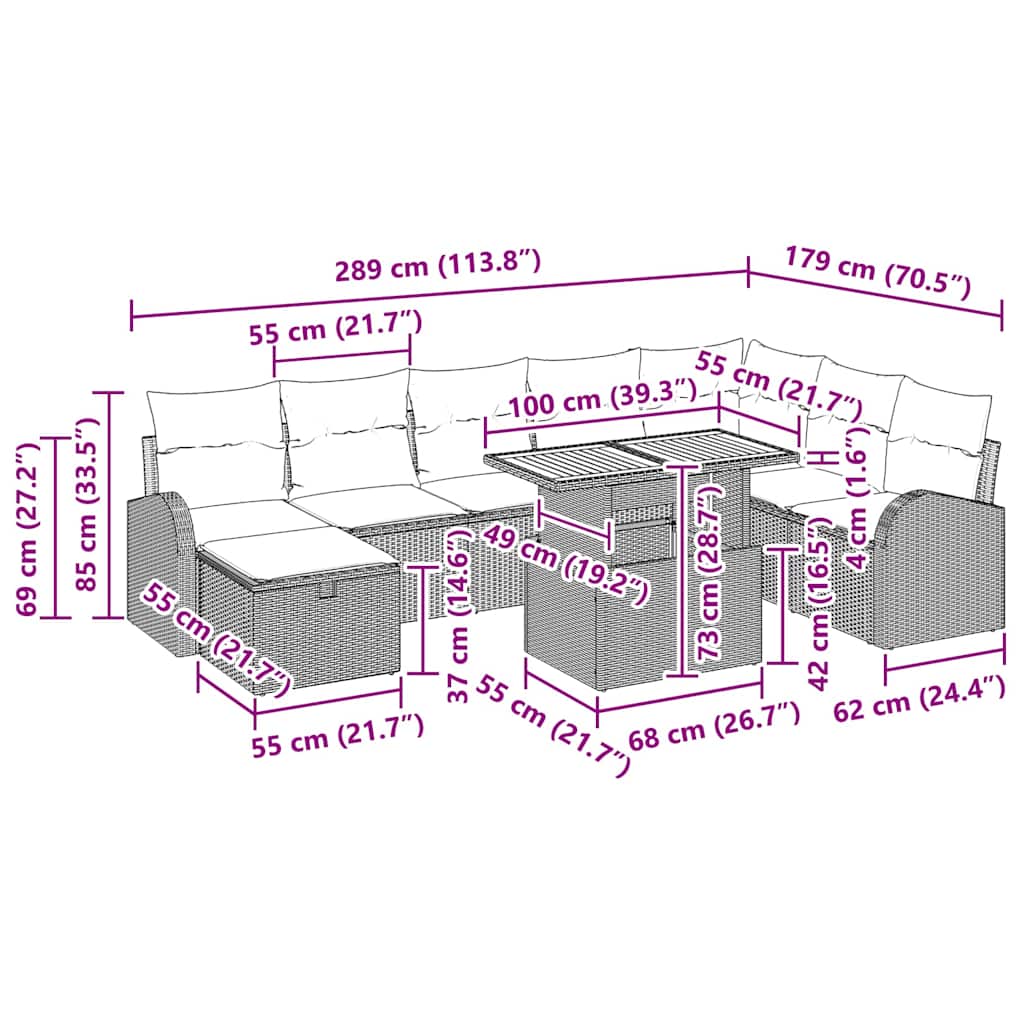 Garten-Sofa-Set mit Kissen 9 pcs Schwarz Poly Rattan