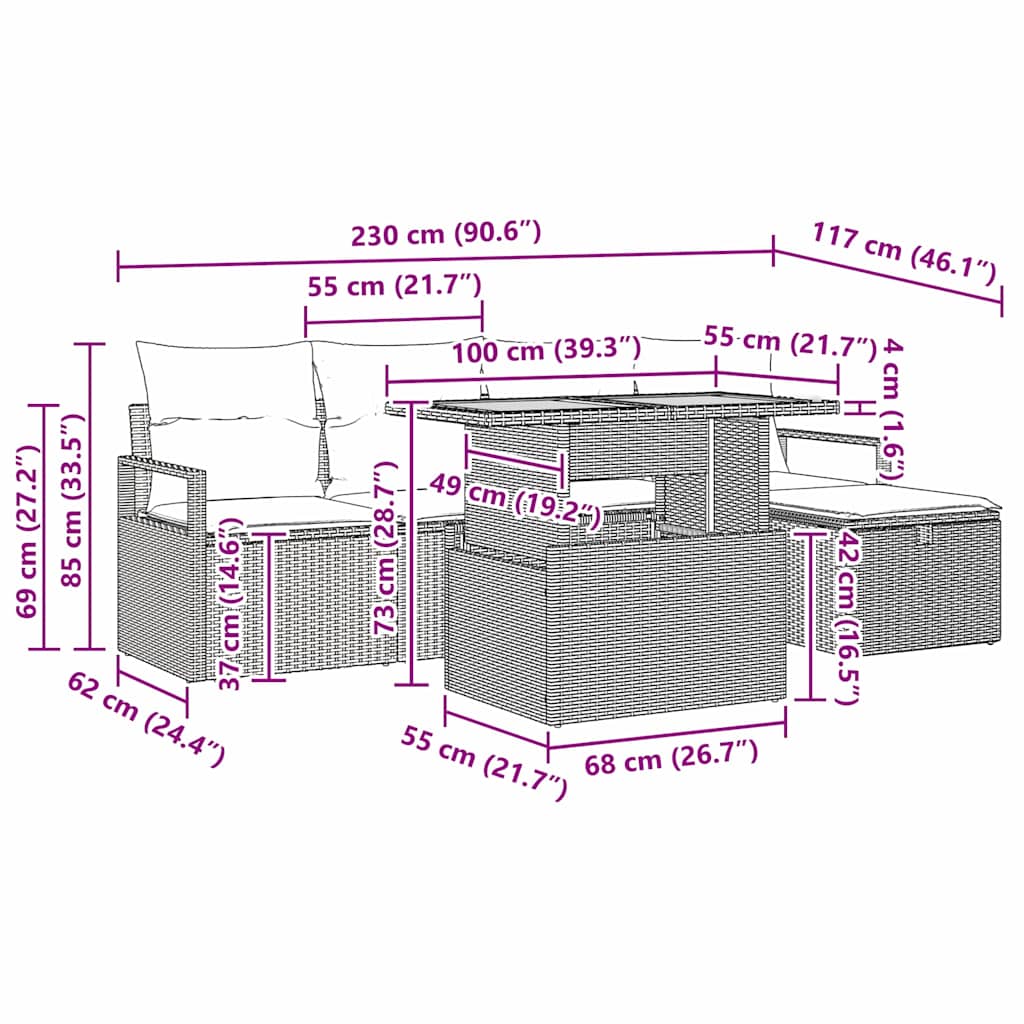 Garten-Sofa-Set mit Kissen 6 pcs Schwarz Poly Rattan