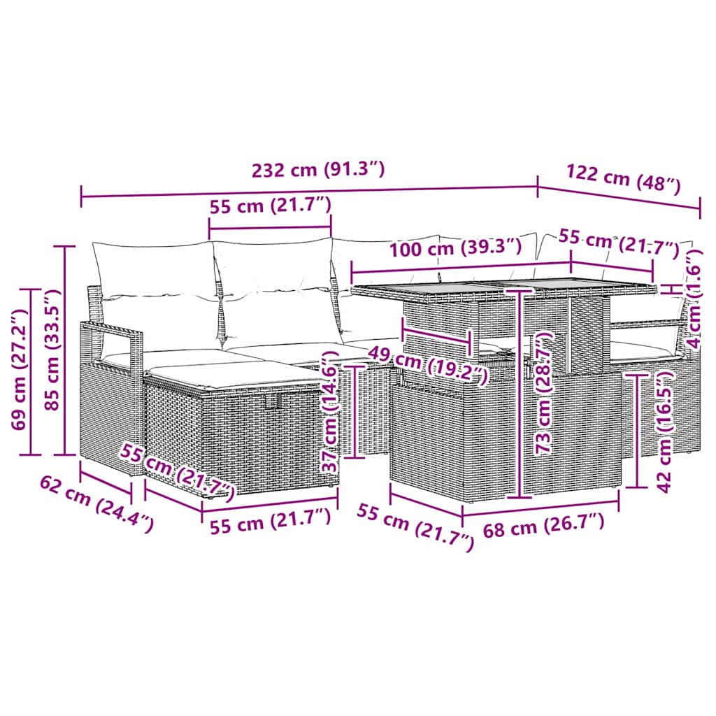 Garten-Sofa-Set mit Kissen 7 pcs Schwarz Poly Rattan