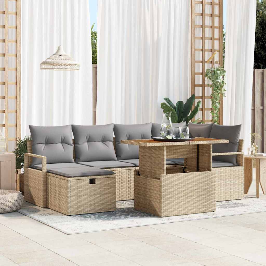 Garten-Sofa-Set mit Kissen 7 pcs Schwarz Poly Rattan