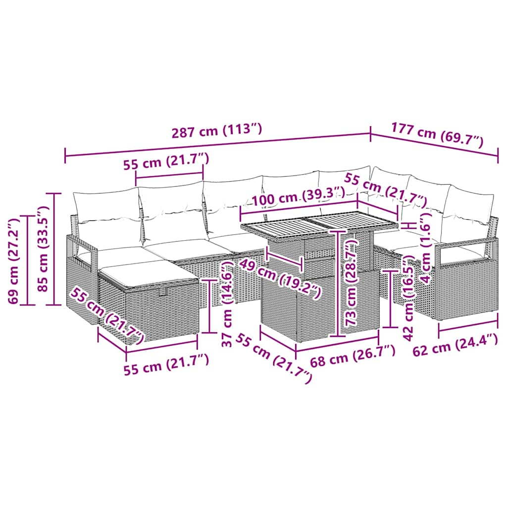 Garten-Sofa-Set mit Kissen 9 pcs Schwarz Poly Rattan