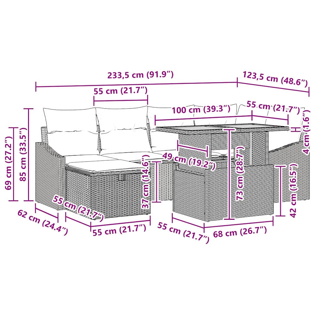 Garten-Sofa-Set mit Kissen 7 pcs Schwarz Poly Rattan