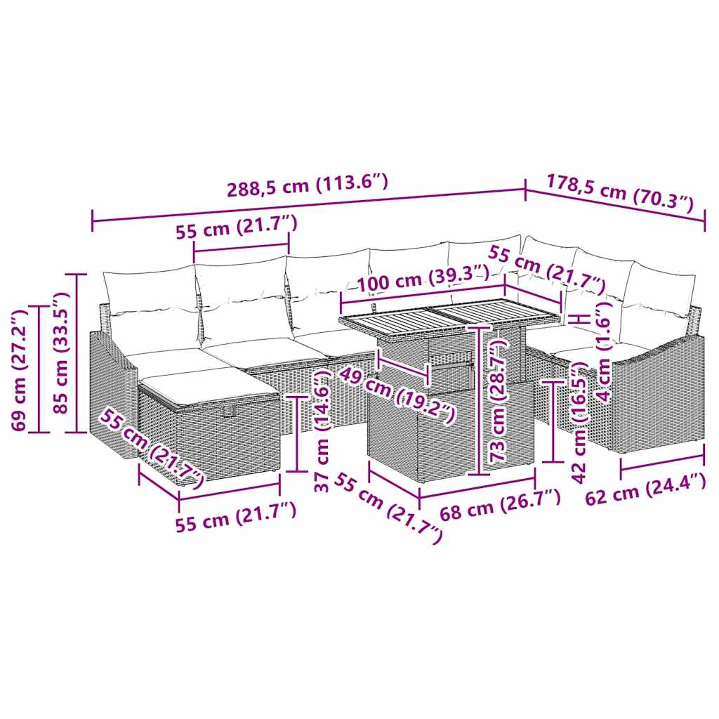 Garten-Sofa-Set mit Kissen 9 pcs Schwarz Poly Rattan