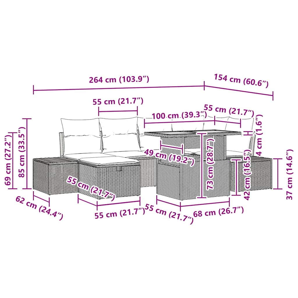 Garten-Sofa-Set mit Kissen 7 pcs Schwarz Poly Rattan
