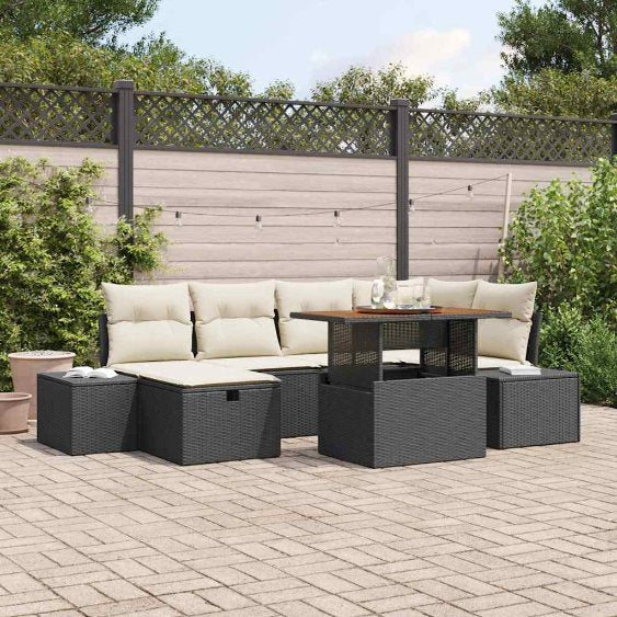 Garten-Sofa-Set mit Kissen 7 pcs Schwarz Poly Rattan