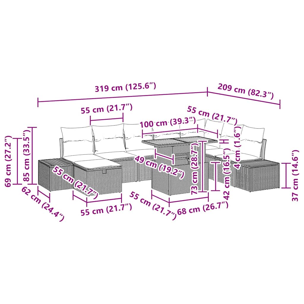 Garten-Sofa-Set mit Kissen 9 pcs Schwarz Poly Rattan