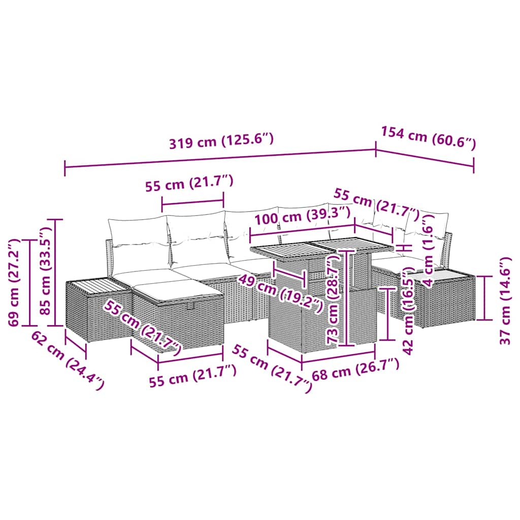Garten-Sofa-Set mit Kissen 8 pcs Schwarz Poly Rattan