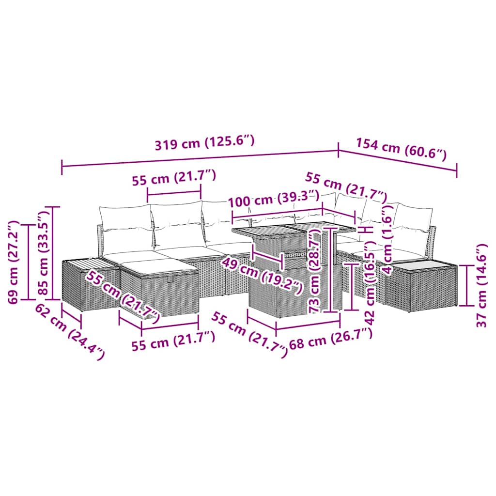 Garten-Sofa-Set mit Kissen 9 pcs Schwarz Poly Rattan