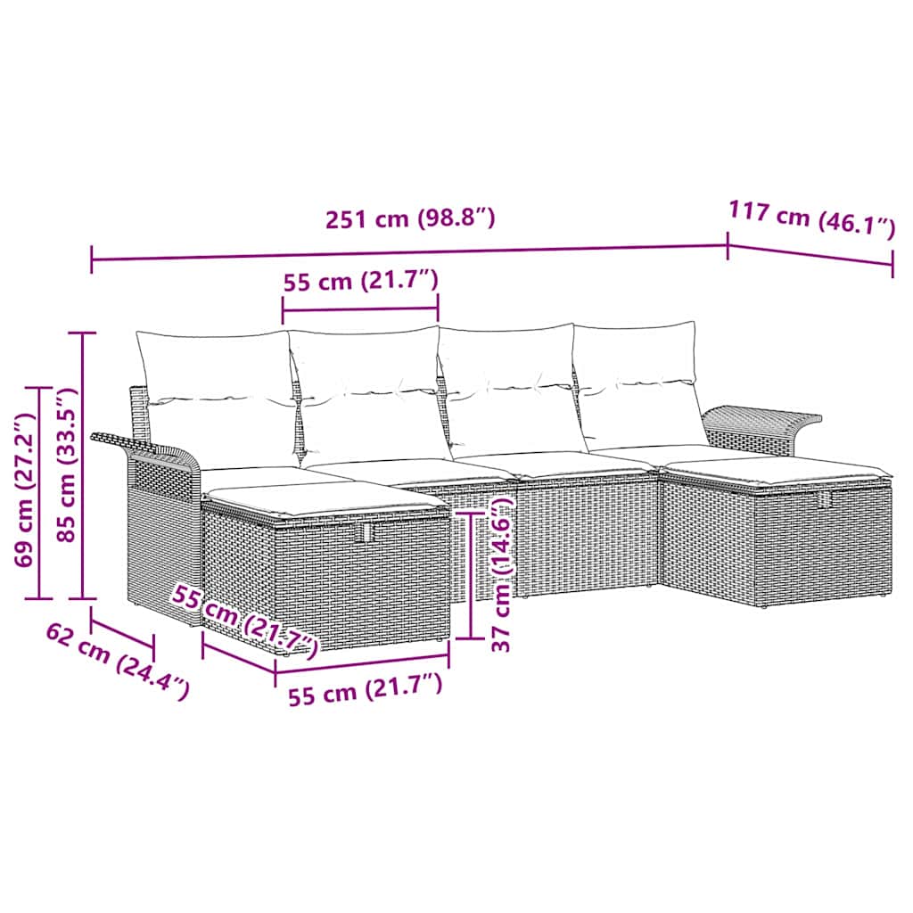Gartensofa-set mit Kissen mit Speicher 6 pcs Poly Rattan