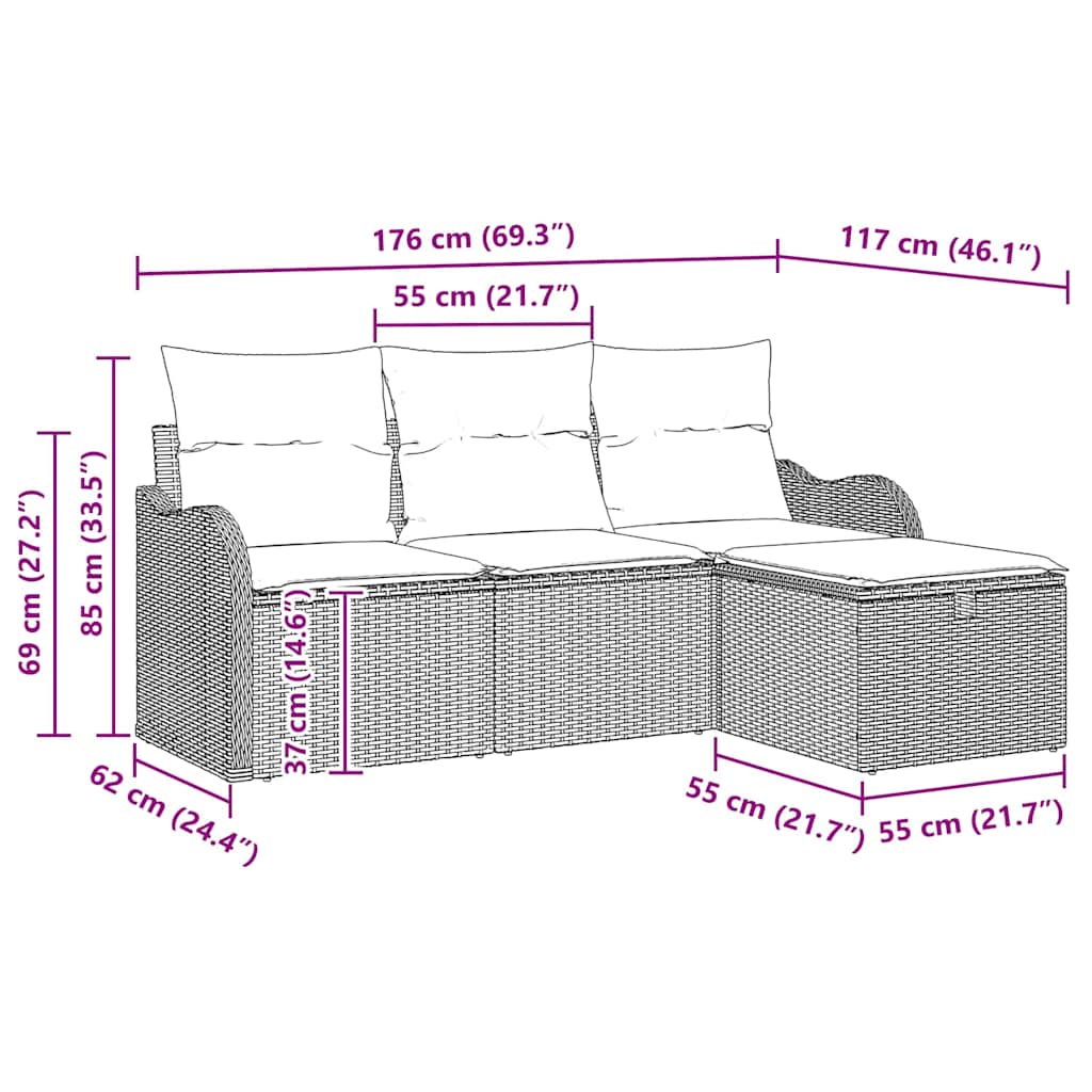 Gartensofa-set mit Kissen mit Speicher 4 pcs Poly Rattan