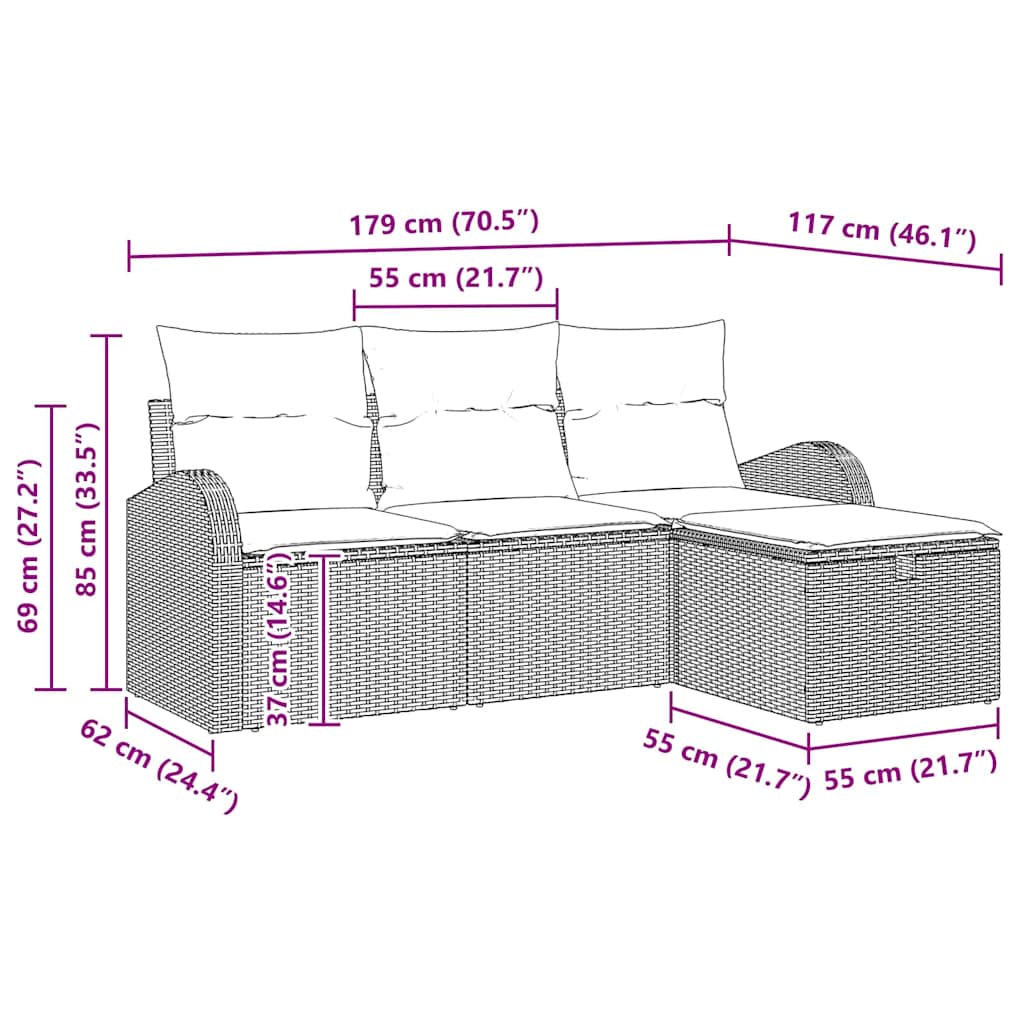Garten-Sofa-Set mit Kissen 4 pcs Schwarz Poly Rattan