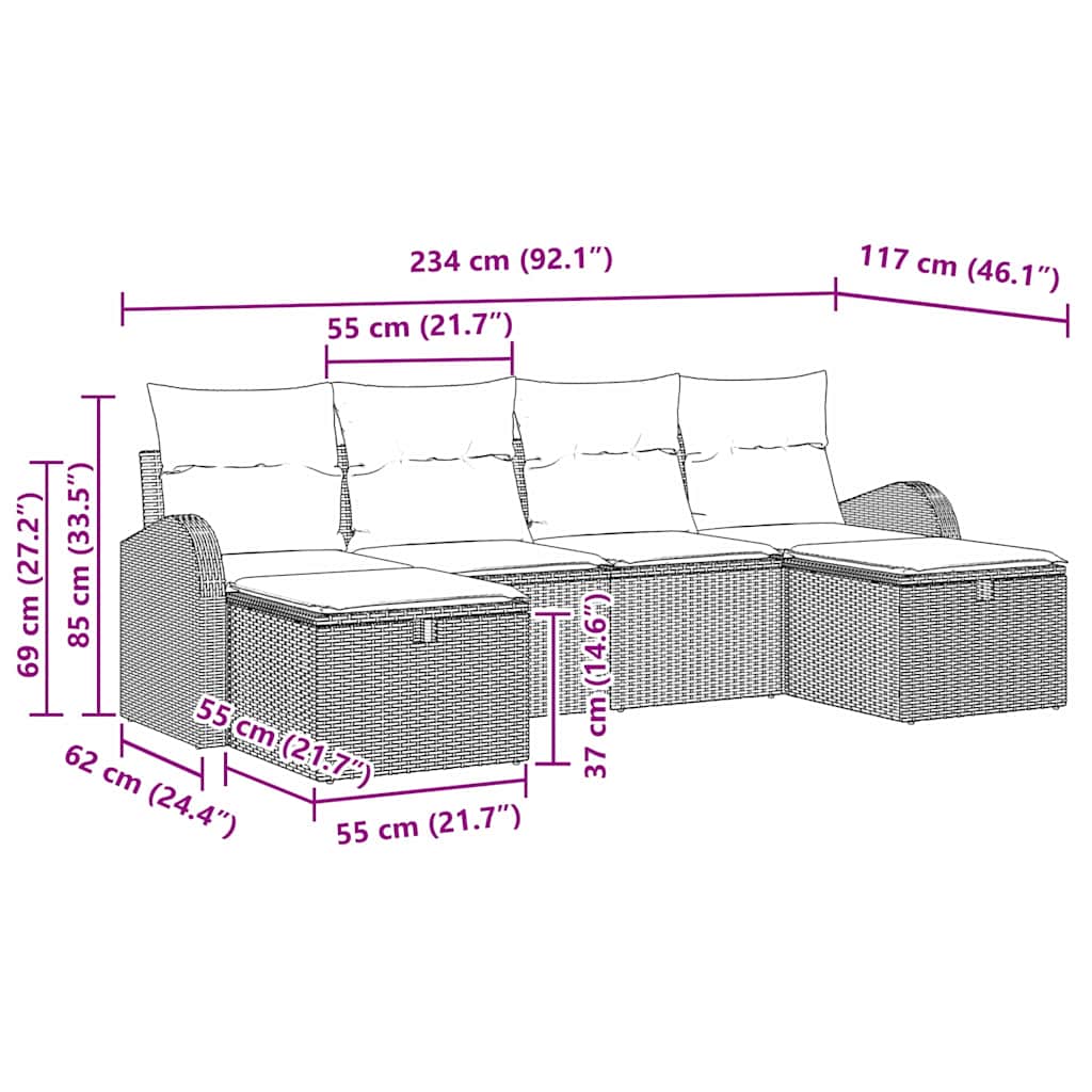 Garten-Sofa-Set mit Kissen 6 pcs Schwarz Poly Rattan