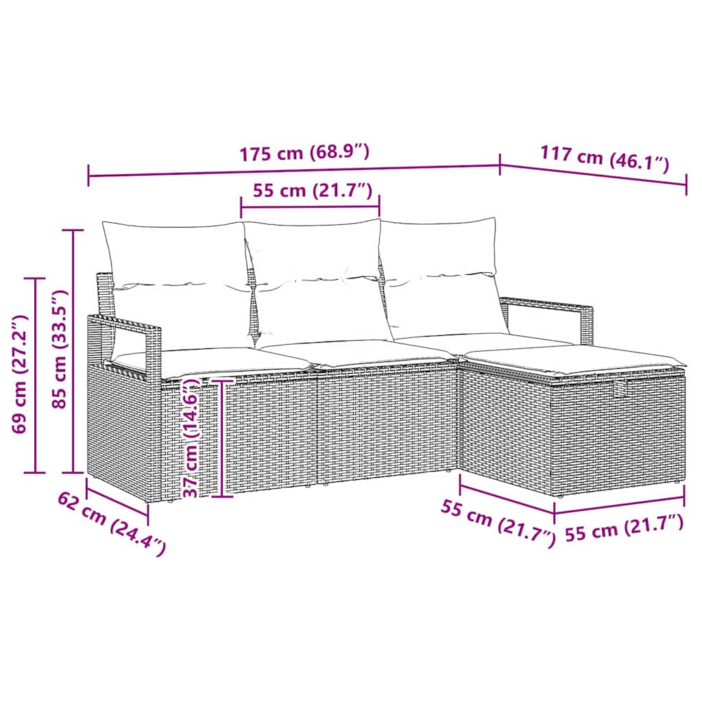 Garten-Sofa-Set mit Kissen 4 pcs Schwarz Poly Rattan