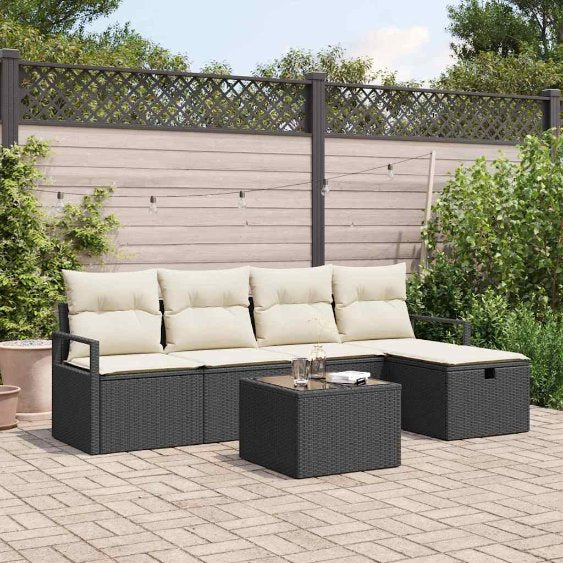 Garten-Sofa-Set mit Kissen 5 pcs Schwarz Poly Rattan