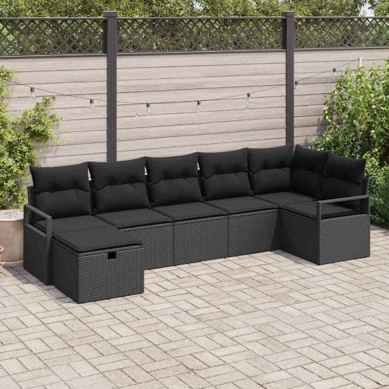 Garten-Sofa-Set mit Kissen 7 pcs Schwarz Poly Rattan