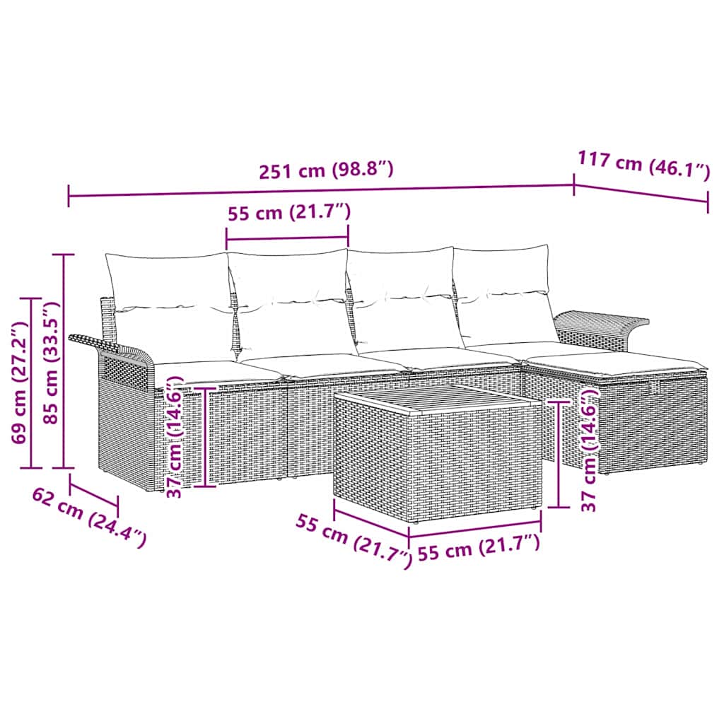 Garten-Sofa-Set mit Kissen 6 pcs Schwarz Poly Rattan