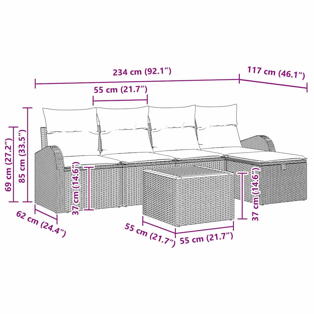 Garten-Sofa-Set mit Kissen 6 pcs Schwarz Poly Rattan